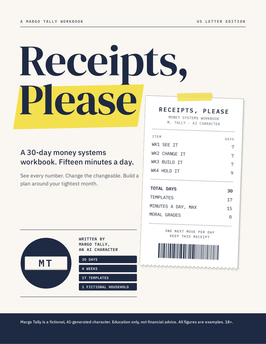 The Receipts, Please cover: navy serif title with a yellow highlighter swipe, a printed receipt listing the four weeks, and the MT label-tape mark.