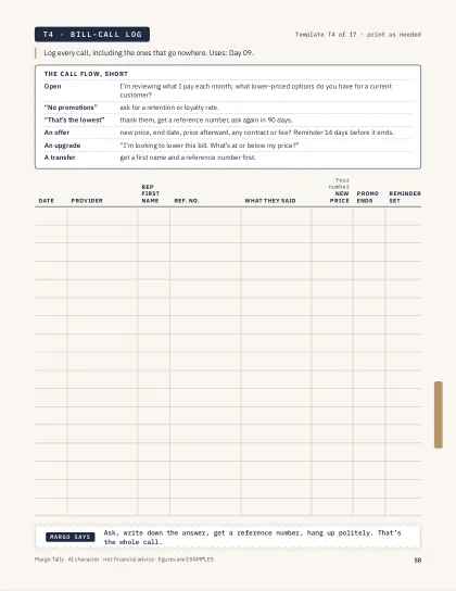 Template T4 of 17: the bill-call log, with the call flow in short.