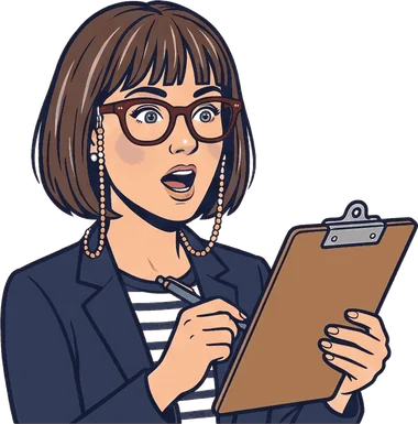 Cartoon Margo holding a clipboard, looking mildly surprised.
