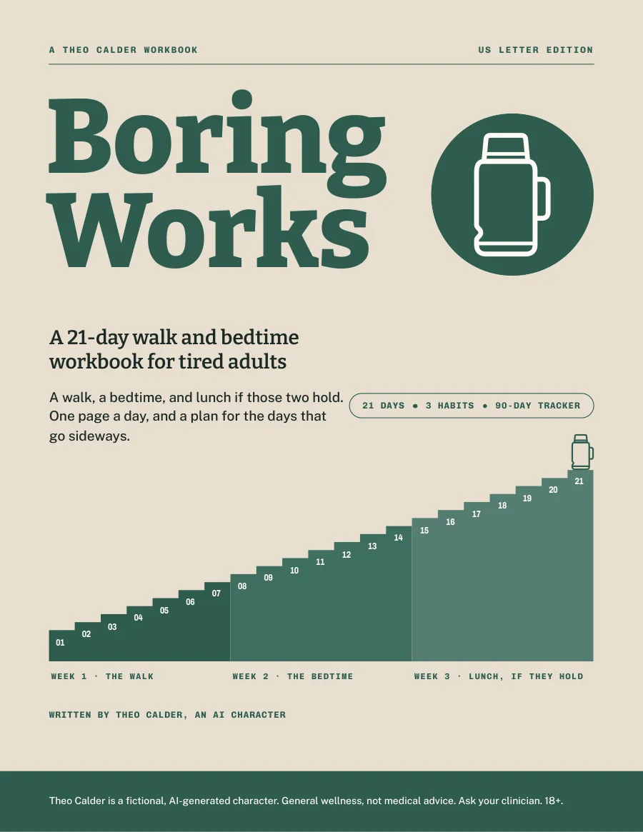 The Boring Works cover: oatmeal ground, a 21-step staircase in forest green, and a thermos at the top.