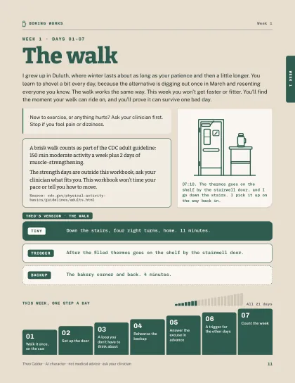 Week 1 opener, The walk: Duluth winter, the 21-day staircase, and Theo’s walk card already filled in.