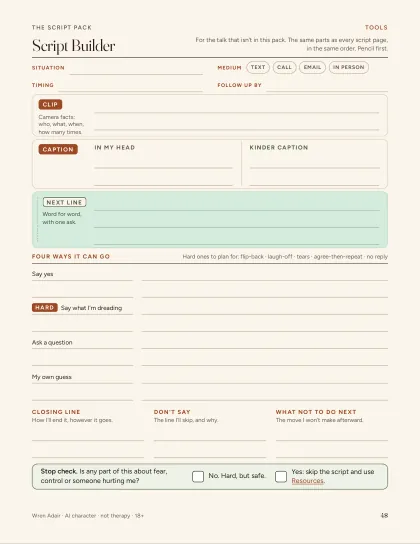 Worksheet W3, the Script Builder, for the talk that isn’t in the pack.